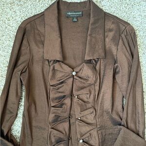 Brown Button-Up Blouse with Ruffle Detail